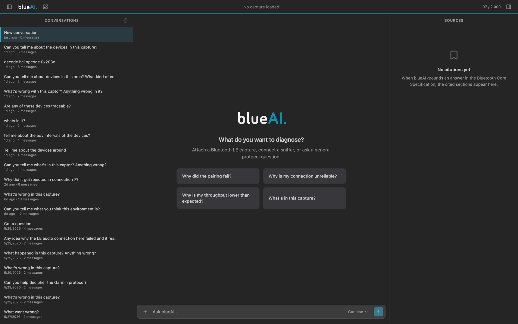 The blueAI app: ask a question about a Bluetooth LE capture and get answers grounded in the Bluetooth Core Specification.